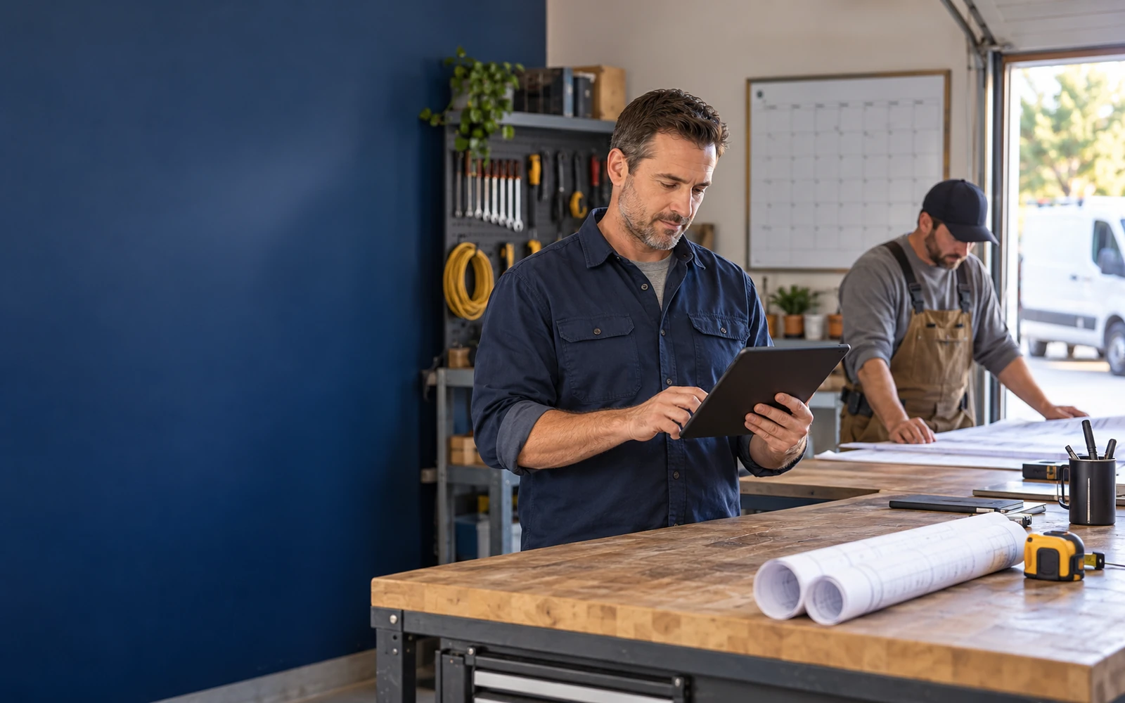 Illustrative contractor reviewing a tablet beside project plans in a workshop
